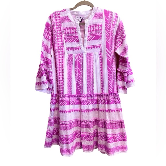THML Dresses & Skirts - THML Women’s Pink and White Embroidered Boho Drop Waist Mini Dress sz M